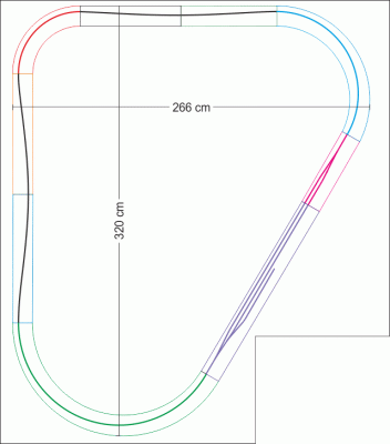 Der Plan in der Übersicht. Die Radien der Kurven in den Ecken betragen 46 cm, 61 cm und 76 cm. (Ist alles noch nicht hundertprozentig genau gezeichnet.)